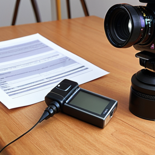 Home 11 **
A formal contract on a wooden desk, partially obscured by video production equipment (camera, microphone). Focus on the contract, highlighting key sections like "Scope," "Copyright," and "Payment Terms" with subtle, blurred underlines. A Dutch coin (Euro) rests casually on the "Payment Terms" section.
**