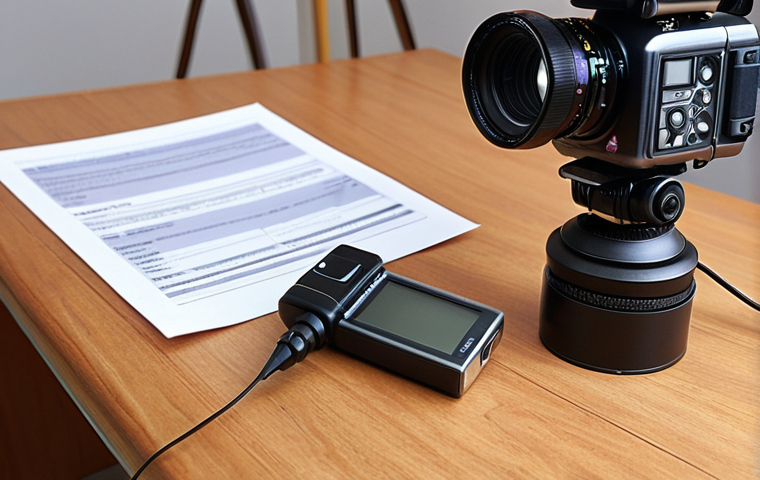 **
A formal contract on a wooden desk, partially obscured by video production equipment (camera, microphone). Focus on the contract, highlighting key sections like "Scope," "Copyright," and "Payment Terms" with subtle, blurred underlines. A Dutch coin (Euro) rests casually on the "Payment Terms" section.
**