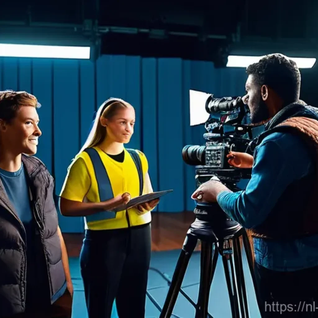 영상제작 현장에서의 대인 관계 팁 - **A Diverse Film Crew Collaborating on Set:**
A vibrant, medium shot of a diverse film crew acti...