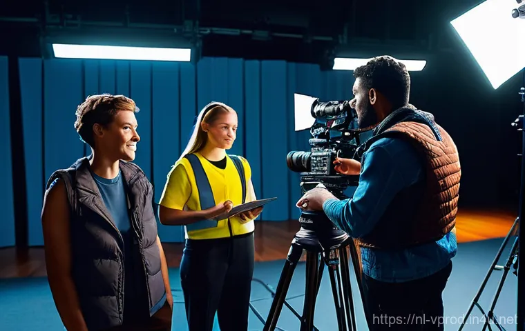 영상제작 현장에서의 대인 관계 팁 - **A Diverse Film Crew Collaborating on Set:**
A vibrant, medium shot of a diverse film crew acti...