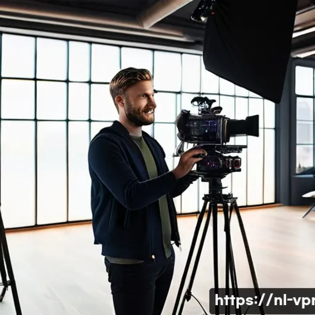 영상제작 직무에서의 커리어 전환 사례 - A professional video production set in a modern Amsterdam studio, featuring a diverse crew operating...