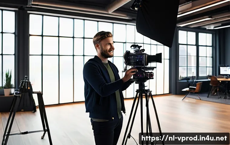 영상제작 직무에서의 커리어 전환 사례 - A professional video production set in a modern Amsterdam studio, featuring a diverse crew operating...