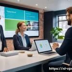 Home 22 영상제작 업계 동향과 성장 가능성 - A modern marketing office scene featuring a diverse team of professionals collaborating around a lar...