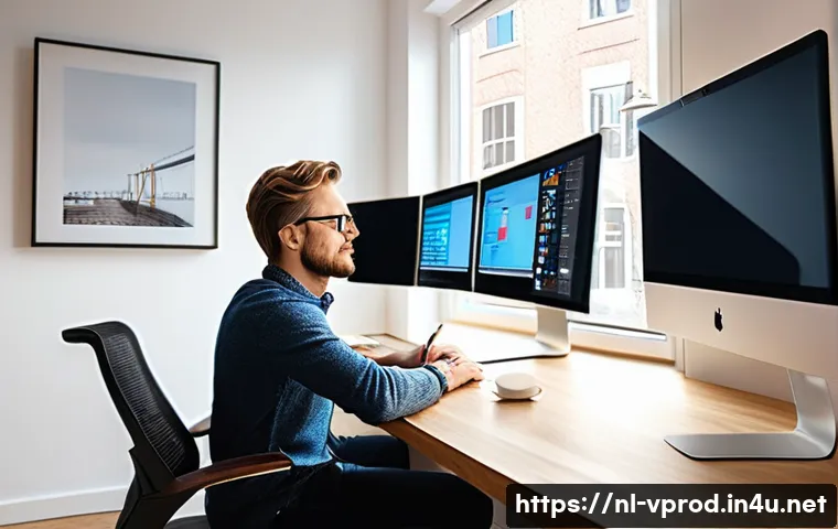 영상제작자의 시간 관리 노하우 - A modern home office setup for a Dutch videomaker in Amsterdam, featuring a sleek desk with dual mon...