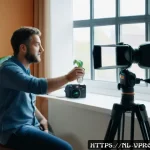 Home 20 영상제작 강의 추천 유튜브 채널 - A professional Dutch videographer setting up a camera on a sturdy tripod in a cozy, well-lit home st...
