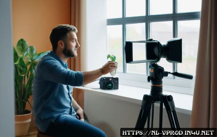 영상제작 강의 추천 유튜브 채널 - A professional Dutch videographer setting up a camera on a sturdy tripod in a cozy, well-lit home st...