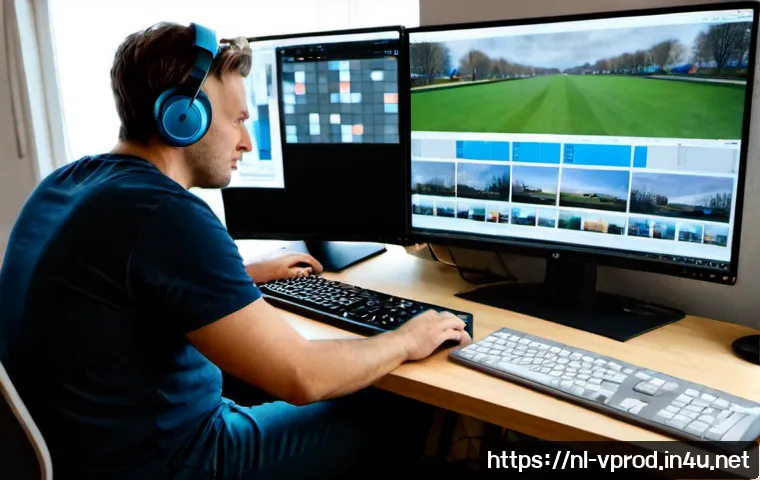 Home 17 영상제작 실무에서 사용되는 소프트웨어 팁 - Photorealistic Dutch video editor working at a clean home studio desk in Amsterdam, dual monitors sh...
