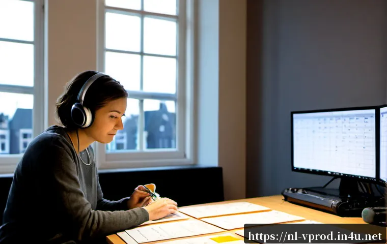 영상제작에서 필요한 시나리오 작성법 - Photorealistic Dutch video producer planning a film scenario at a clean home-studio desk in Amsterda...