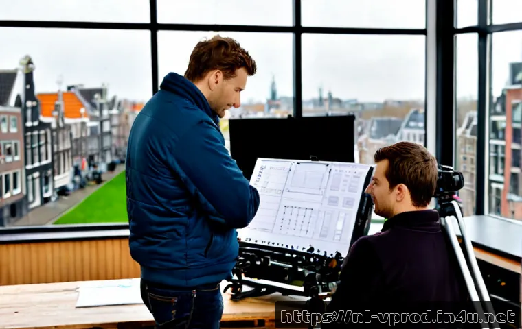 Home 17 영상제작 전문가 필수 이론 정리 - Photorealistic Dutch video production studio, experienced videographer reviewing a professional came...